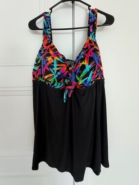Robby Len Latitude Swim Dress Black w/ Abstract Pattern Top Section Size 24W